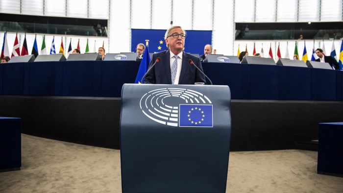 European Commission President Jean-Claude Juncker delivers his State of the Union speech at the European Parliament in Strasbourg, eastern France, on September 13, 2017. / AFP PHOTO / PATRICK HERTZOG (Photo credit should read PATRICK HERTZOG/AFP/Getty Images)