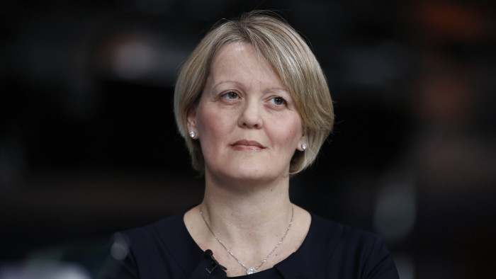 Alison Rose, chief executive officer of commercial and private banking at Royal Bank of Scotland Group Plc (RBS), pauses during a Bloomberg Television interview in London, U.K., on Monday, Feb. 9, 2015. The pound had its biggest weekly gain in a year last week, with U.K. government bonds sliding on evidence of an improving British economy. Photographer: Simon Dawson/Bloomberg