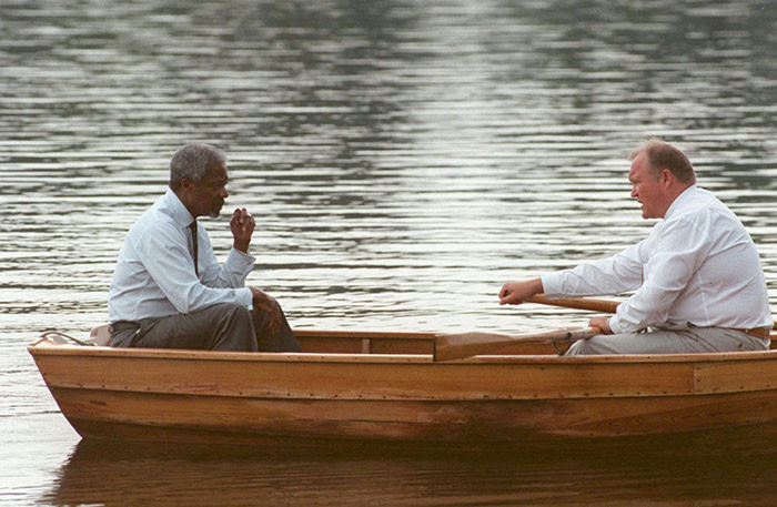 FILe - In this file photo dated Sunday, 10 Aug, 1997, Swedish Prime Minister Goran Persson, right, and UN General Secretary Kofi Annan, sit in a rowboat on a lake near the Swedish premiere's summer residence in Harpsund, Sweden. It is a tradition many decades old for the Swedish Prime Minister to row at Harpsund with foreign visitors. Annan, one of the world's most celebrated diplomats and a charismatic symbol of the United Nations who rose through its ranks to become the first black African secretary-general, has died aged 80, according to an announcement by his foundation Saturday Aug. 18, 2018. (AP Photo/Bertil Ericson, FILE)