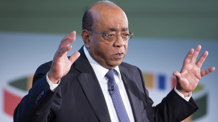 Mohamed &quot;Mo&quot; Ibrahim, billionaire and founder of the Mo Ibrahim Foundation, gestures as he speaks during a news conference in London, U.K. on Monday, Oct. 5, 2015. Ibrahim sold his African mobile-phone network for $3.4 billion in 2005 and founded the Mo Ibrahim Foundation to promote honest and accountable government. Photographer: Jason Alden/Bloomberg *** Local Caption *** Mo Ibrahim