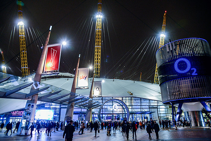 The O2 Arena is pictured from outside, in London on november 16, 2017. The O2 is a large entertainment district on the Greenwich peninsula in South East London, including an indoor arena, a music club, a cinema, an exhibition space, piazzas, bars and restaurants. (Photo by Alberto Pezzali/NurPhoto via Getty Images)