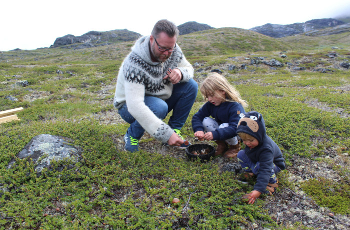 Heidi and Hamish Robbins with chef Bjorn Ulrich Moi foraging mushrooms