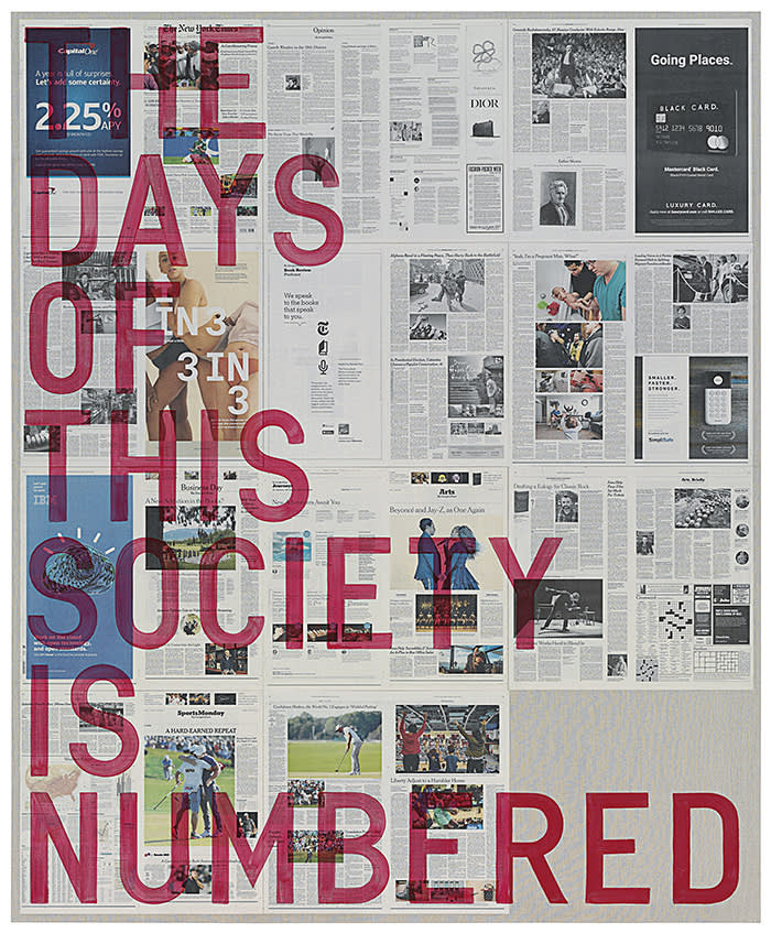 Rirkrit Tiravanija (b. 1961, Argentina) Untitled 2018 (the days of this society is numbered, new york times, june 18, 2018), 2018 Oil and newspaper collage on canvas 89 1/2 x 73 1/2 inches