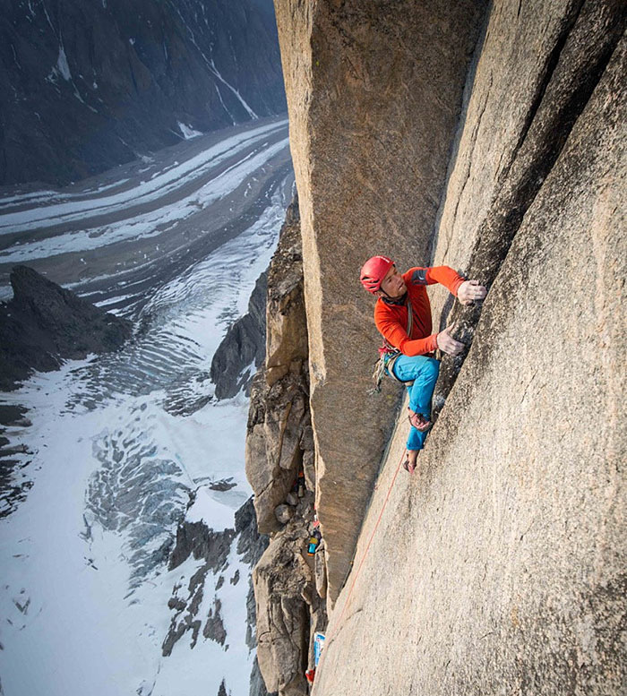 Houlding climbing the Mirror Wall in Greenland