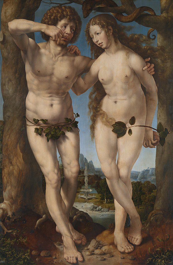 Jan Gossaert (Jean Gossart) (c. 1478–1532), Adam and Eve, c. 1520 Oil on panel, 169.2 x 112 cm RCIN 407615 Royal Collection Trust / © Her Majesty Queen Elizabeth II 2018; photographer: The National Gallery Exhibition organised in partnership with Royal Collection Trust