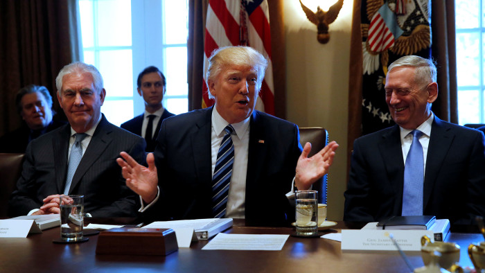 President Trump with secretary of state Rex Tillerson (left) and defence secretary James Mattis, part of the “axis of adults” meant to keep Trump in check, pictured at the White House in March