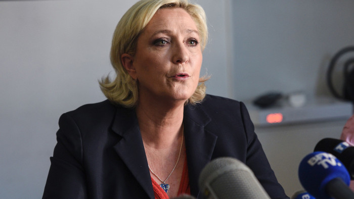 France's far-right National Front (FN) leader and newly elected member of Parliament Marine Le Pen gives a press conference on June 19, 2017 in Henin-Beaumont, northern France. Marine Le Pen won a seat in parliament for the first time on June 18, but it was a bittersweet victory that masked an electoral debacle for her National Front (FN) party. / AFP PHOTO / DENIS CHARLET (Photo credit should read DENIS CHARLET/AFP/Getty Images)