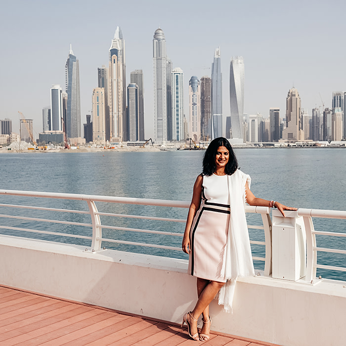 05.04.18 Kanika Gupta Shori, A Dubai based real estate developer. Co Founder & Chief Operating Officer of Square Yards. Photographed at the Palm Jumeirah in Dubai, over looking the Dubai marina and JBR. Anna Nielsen For the Financial Times.