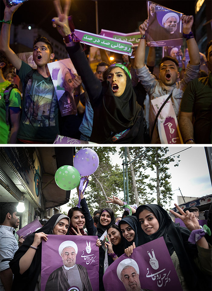 Women celebrate Hassan Rouhani’s presidential election victory in May 2017, though his failure to appoint any female cabinet members later angered many