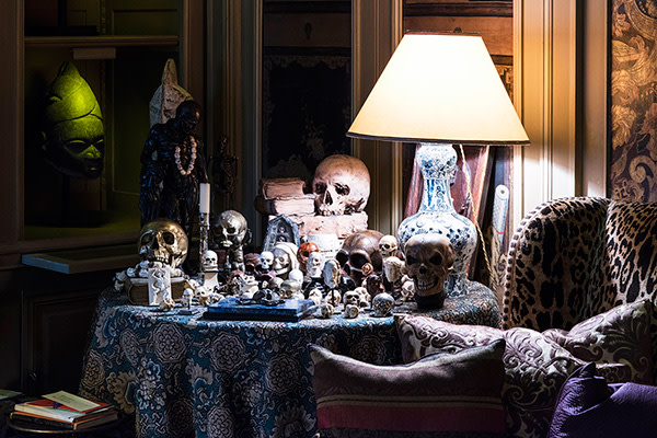 Antique skulls on a side table