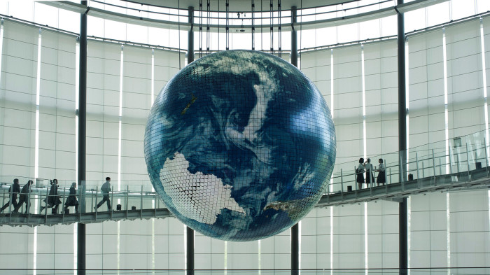 The Geo-Cosmos, the symbol exhibit of Miraikan, produces a rendition of our Earth shining brightly in space with a super high precision exceeding 10 million pixels. It is the world's first &quot;Globe-like display&quot; using organic LED panels. Miraikan (National Museum of Emerging Science and Innovation), Tokyo, April 2016. © Giovanni Cocco / LUZ / eyevine For further information please contact eyevine tel: +44 (0) 20 8709 8709 e-mail: info@eyevine.com www.eyevine.com
