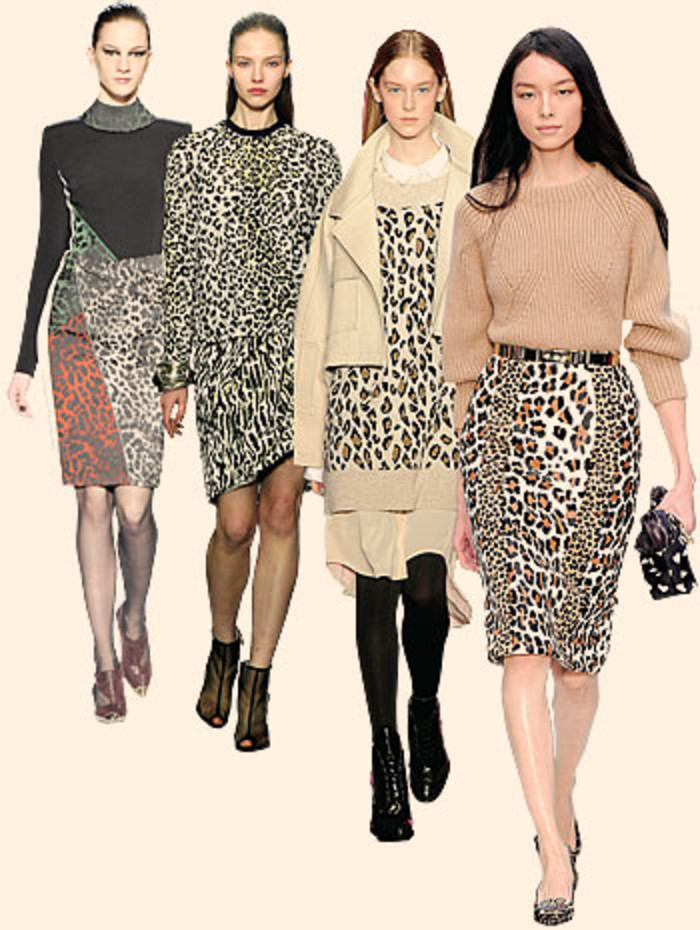 Leopard spots fashion (from left): Roland Mouret; Giambattista Valli; DKNY; Burberry Prorsum