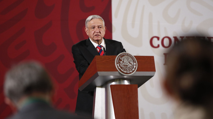 Mandatory Credit: Photo by José Méndez/EPA-EFE/Shutterstock (10614011b) The President of Mexico, Andres Manuel Lopez Obrador, holds a morning press conference, at the National Palace in Mexico City, Mexico 15 April 2020. Obrador called on Wednesday to 'wait and be confident' during the coronavirus pandemic crisis despite the IMF forecasting that the national economy will contract 6.6% this year. Obrador speaks about IMF forecast, Mexico City - 15 Apr 2020
