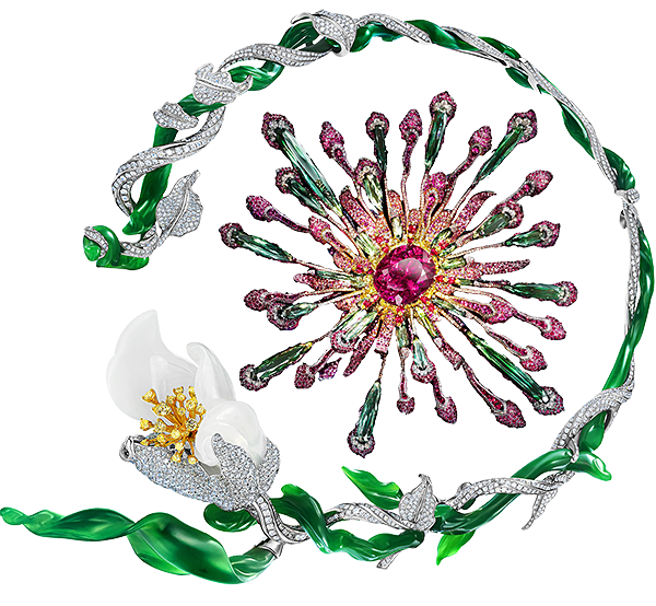 TTF Haute Joaillerie’s Magnolia Blossom necklace encircles Wallace Chan’s Vividity brooch
