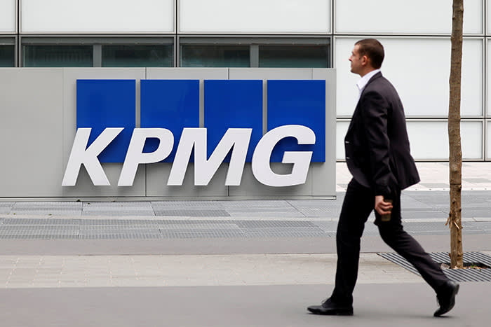 FILE PHOTO: The logo of KPMG, a professional service company, is seen at the company's head offices at La Defense business and financial district in Courbevoie near Paris, France. May 16, 2018.  REUTERS/Charles Platiau/File Photo