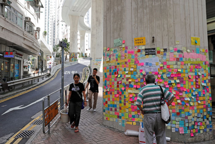 Memos and notices are seen on &quot;Lennon Walls&quot; by anti-extradition bill protesters at Sai Ying Pun in Hong Kong, China July 12, 2019. Picture taken July 12, 2019. REUTERS/Tyrone Siu - RC1EE8202970
