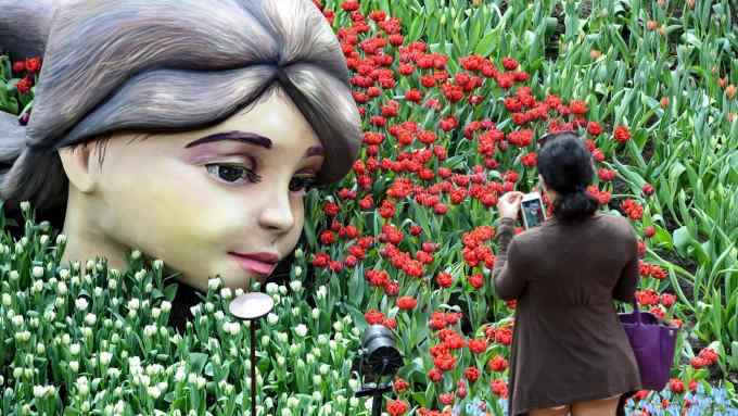 A visitor takes a picture of a display of a "giant head" surrounded by tulip flowers at the Gardens by the Bay flower dome in Singapore on April 12, 2018. The Gardens by the Bay annual Tulip festival returns for its sixth edition between April 13 to May 13. / AFP PHOTO / Roslan RAHMAN (Photo credit should read ROSLAN RAHMAN/AFP/Getty Images)