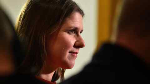 Britain's opposition Liberal Democrats leader Jo Swinson reacts during a general election campaign visit to the University Hospital Southampton, in Southampton, southern England on November 19, 2019. - Britain will go to the polls on December 12, 2019 to vote in a pre-Christmas general election. (Photo by Glyn KIRK / AFP) (Photo by GLYN KIRK/AFP via Getty Images)