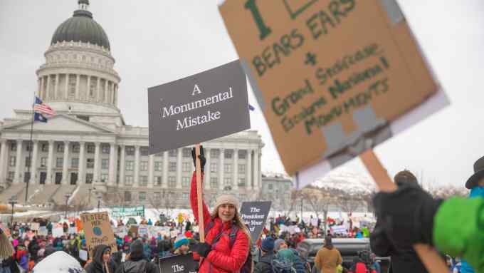 Caroline Gleich - a Patagonia snow ambassador at the Bears Ears protest, Utah State Capitol , Salt Lake City, UT, 2018. MUST credit - Andrew Burr / Patagonia DO NOT RE-USE WITHOUT PERMISSION