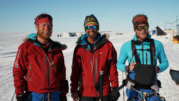 Union Glacier success Leo Houlding, Mark Sedon and Jean Burgun complete the 2 month expedition in Antarctica credit Berghaus