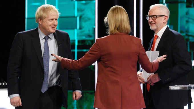 THESE PICTURES ARE AVAILABLE FOR EDITORIAL USE ONLY UNTIL DECEMBER 19TH 2019 Handout photo issued by ITV of newscaster Julie Etchingham, Boris Johnson and Jeremy Corbyn after the Election head-to-head debate on ITV, prior to the General Election on December 12. PA Photo. Picture date: Tuesday November 19, 2019. See PA story POLITICS Election. Photo credit should read: ITV/PA Wire NOTE TO EDITORS: This handout photo may only be used in for editorial reporting purposes for the contemporaneous illustration of events, things or the people in the image or facts mentioned in the caption. Reuse of the picture may require further permission from the copyright holder.