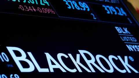 FILE PHOTO: The company logo and trading information for BlackRock is displayed on a screen on the floor of the New York Stock Exchange (NYSE) in New York, U.S., March 30, 2017. REUTERS/Brendan McDermid/File Photo