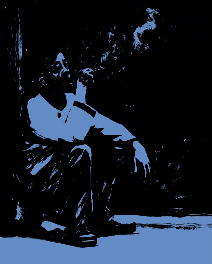 An illustration of a man crouching outside a building smoking a cigarette