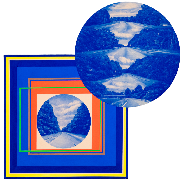 A square blue picture with a round blue picture over its top right corner