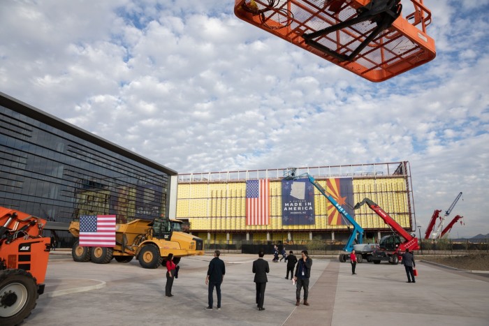 Attendees ahead of a ‘First Tool-In’ ceremony at the TSMC facility under construction in Phoenix, Arizona