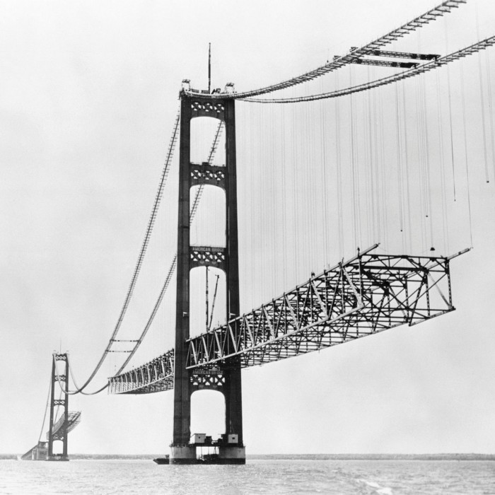 The Mackinac Bridge, symbol of the Great Lakes state, opened in 1957
