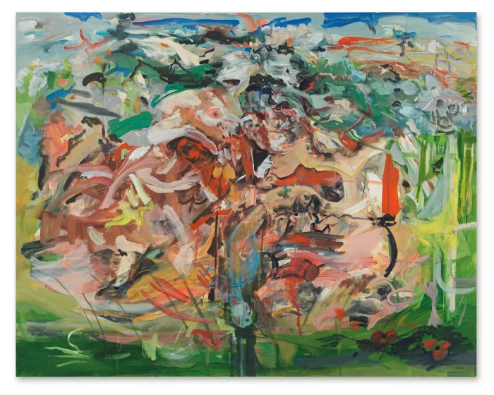 An abstract painting with many bright thin overlapping brushstrokes against a greenish ground