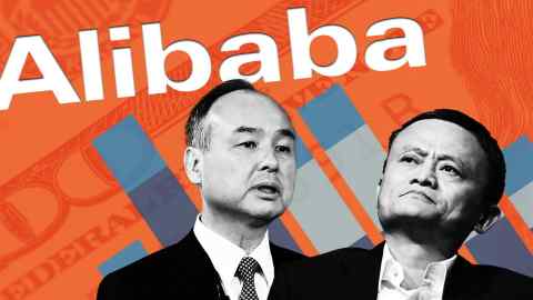 Montage of Masayoshi Son and Jack Ma against an orange Alibaba background