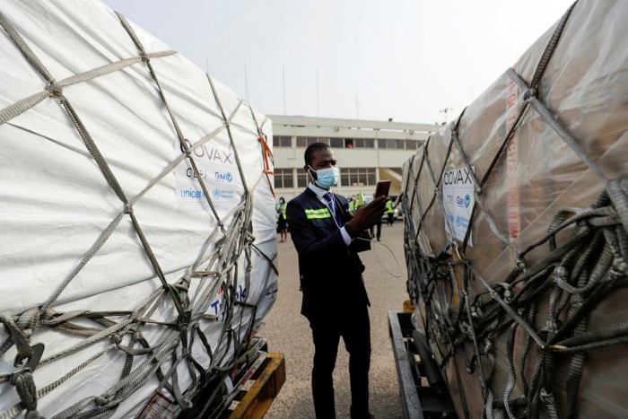 Boxes of the Oxford/ AstraZeneca Covid vaccine arrive at Accra airport, Ghana