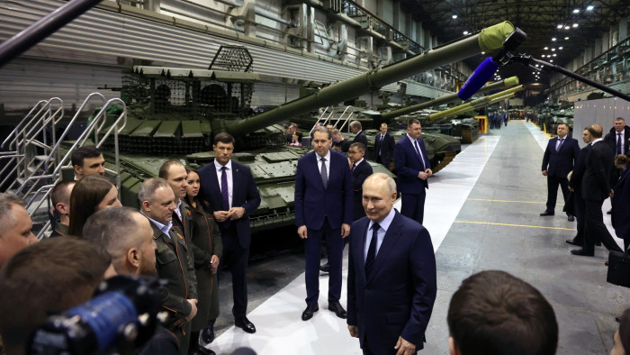 Russia’s President Vladimir Putin visits Uralvagonzavod, the country’s main tank factory in the Urals