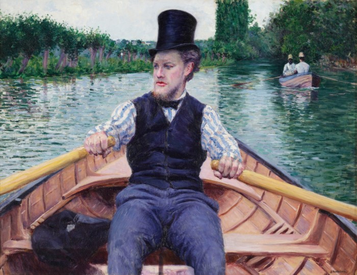 Oil painting from the perspective of someone sitting in a boat, watching a man in a top hat and waistcoat row