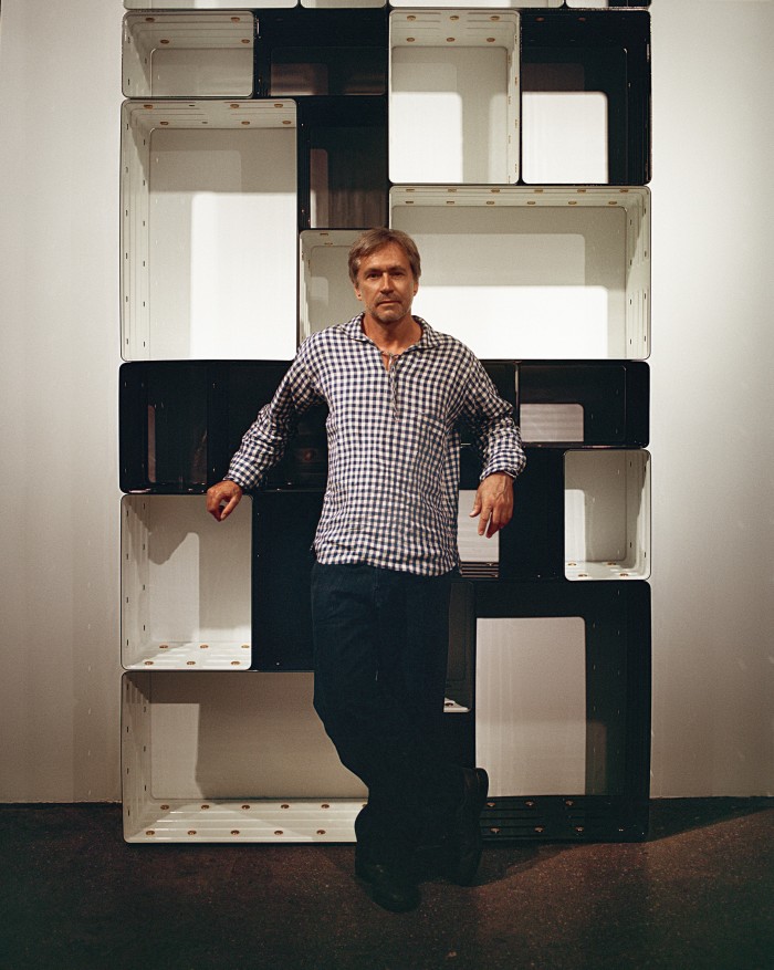 Marc Newson with his new Quobus storage system, “a landscape which you can populate with whatever you want”