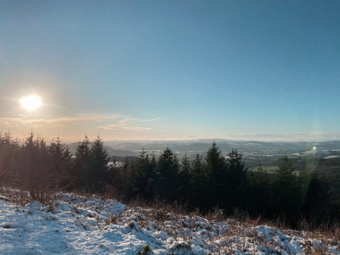 A panoramic view from a snowy hill on Shropshire’s Climbing Jack Trail