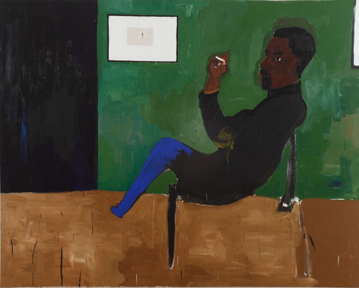 Painting of a man in black reclining in a chair. His blue legs taper into nothingness