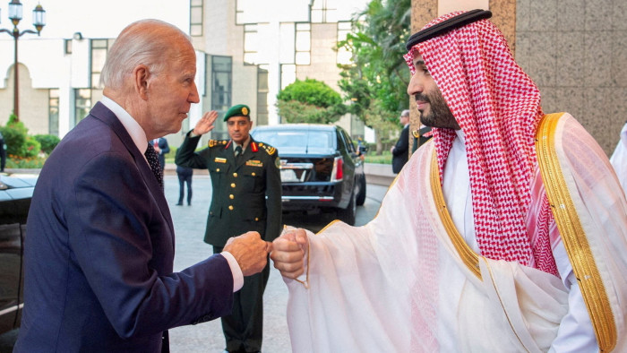 US president Joe Biden shaking hands with Crown Prince Mohammed bin Salman in Jeddah, Saudi Arabia, in July