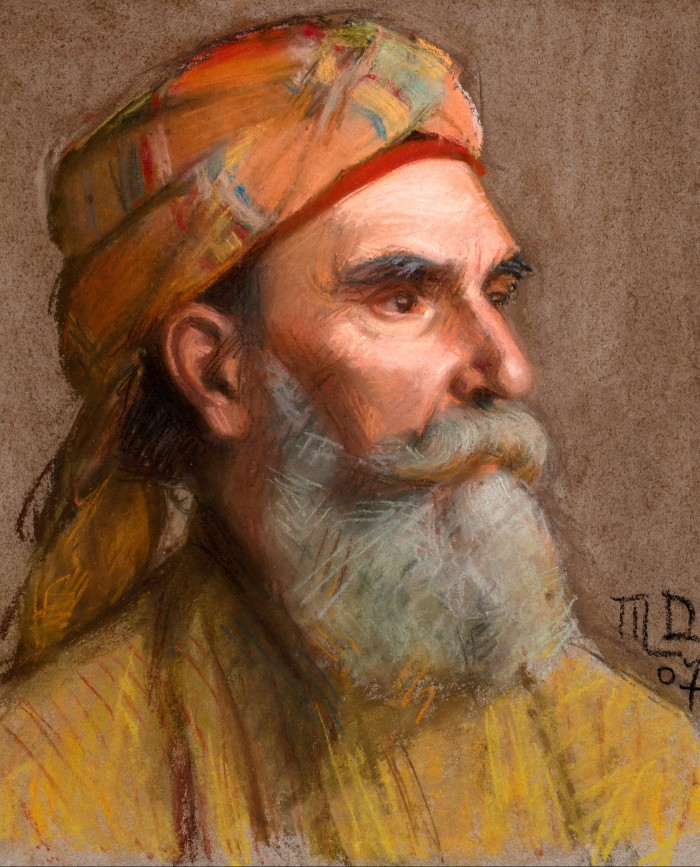 Painting of a noble man with thick grey beard in an orange headscarf and yellow blouse