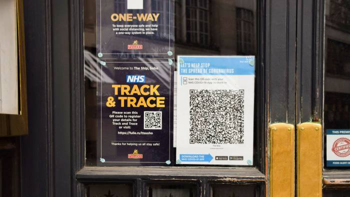 An NHS Track and Trace sign at a pub in Soho, Central London