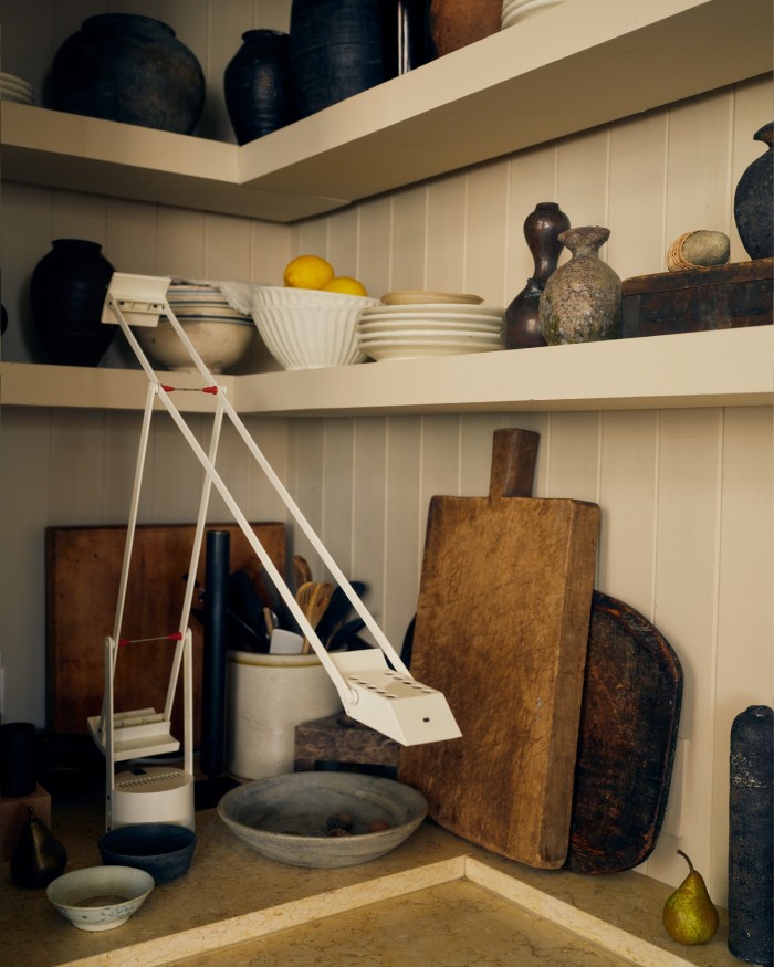 A collection of objets trouvés in the corner of King’s kitchen and a vintage Tizio lamp