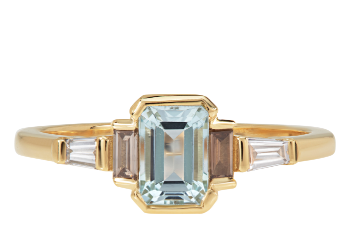 Flora Bhattachary gold, aquamarine and champagne diamond Salila ring, £1,990 
