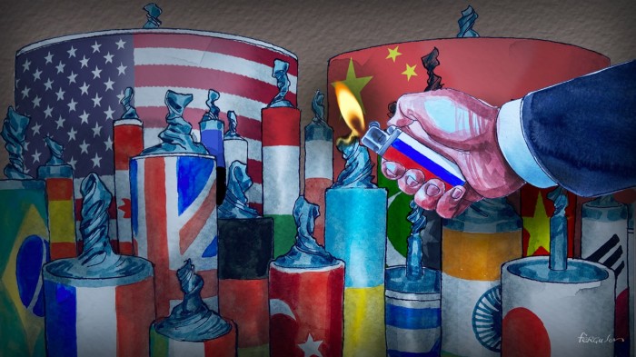 Illustration of fireworks wrapped in national flags. The two biggest are the US and China  with the smaller countries’ ones arranged in front. A hand with a lighter is lighting the firework in the Ukraine flag colours