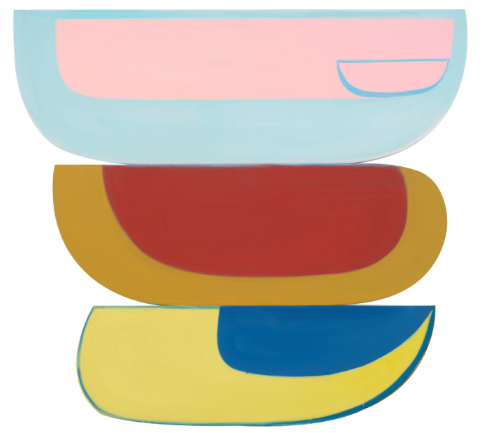 Three semicircular paintings in bright colours, a little like fingernails or boats
