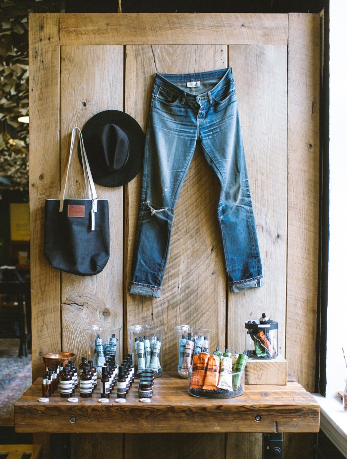 Raleigh Denim Workshop Hall of Fame jeans (not for sale), with the brand’s Original Raw Selvedge tote bag, $45, and other accessories
