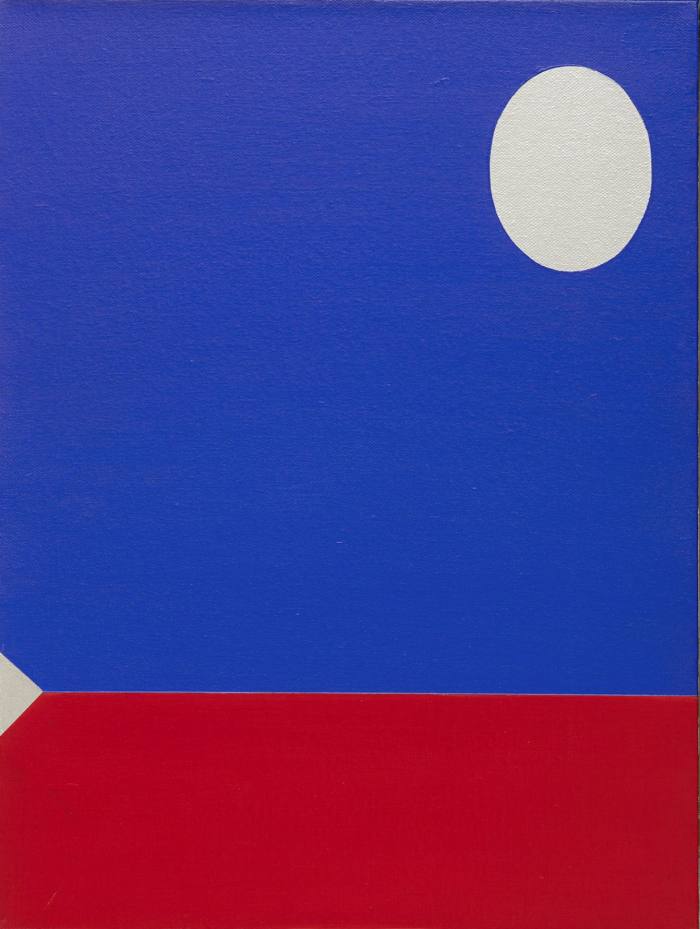 A painting with block royal blue and red colours with a white circle in the top-right corner