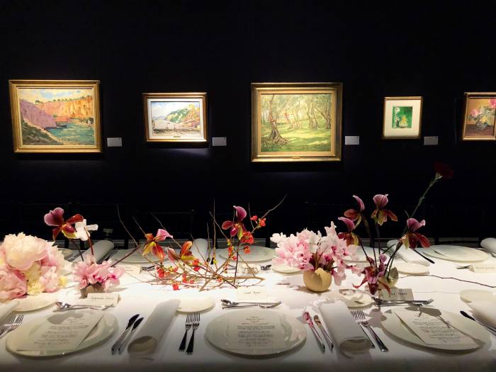 Gooch’s tablescape of quince branches, cyclamen and slipper orchids for a Sotheby’s dinner curated by Roksanda Ilincic