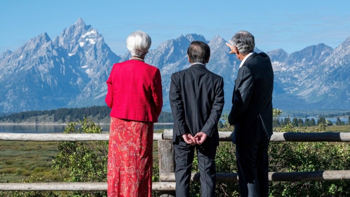 Christine Lagarde, president of the European Central Bank (ECB), from left, Kazuo Ueda, governor of the Bank of Japan (BOJ), and Jerome Powell, chairman of the US Federal Reserve, at the Jackson Hole economic symposium in Moran, Wyoming, US, on Friday, Aug. 25, 2023. 