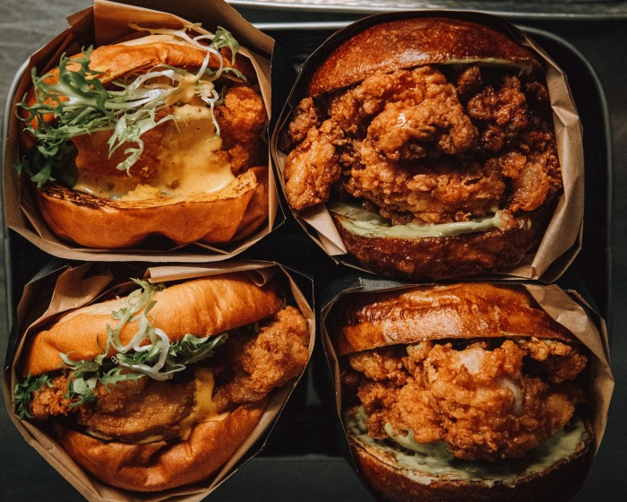 Salted egg yolk and hot honey chicken sandwiches at Double Chicken Please
